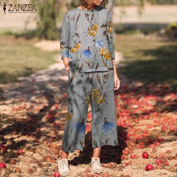

pants women's sets summer 2pcs urban tracksuit zanzea casual 3/4 sleeve blouse wide leg pants set vintage floral printed matching sets, White
