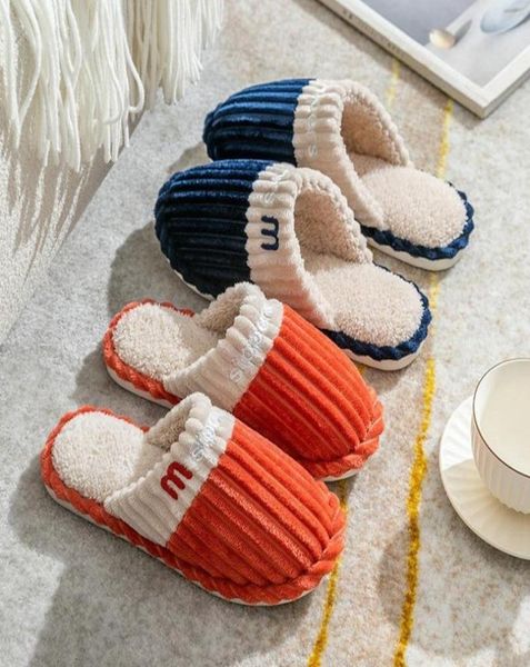 

slippers winter cotton shoes home corduroy soft warm stripe plush women men slipper flats comfortable nonslip bedroom slides1443852, Black