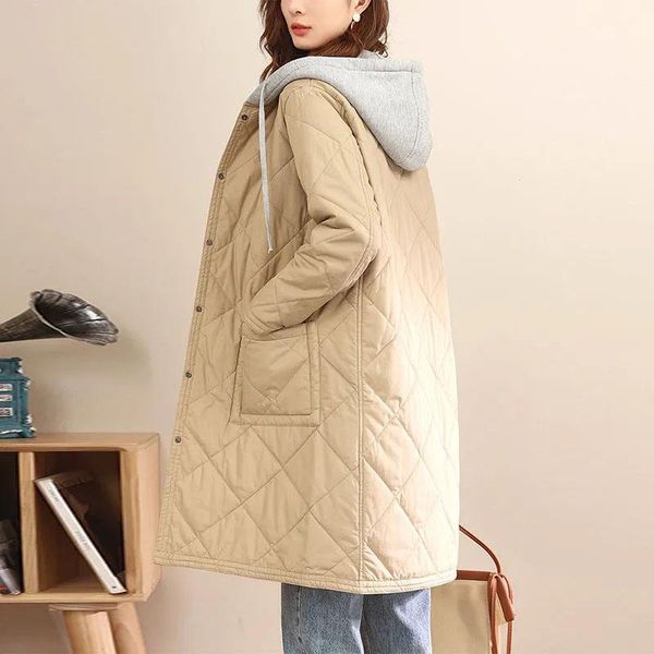 

leather new autumn winter long cotton jacket diamond lattice plus size women casual quilted cotton coat female hooded parka overcoat 4xl, Black