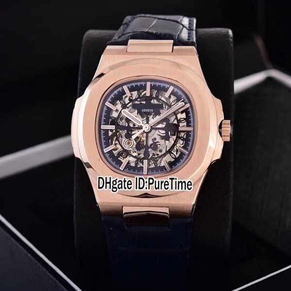 

new classic 5711 rose gold blue skeleton big logo asia 2813 automatic mens watch blue leather strap watches 12 colos puretime pb30208u, Slivery;brown