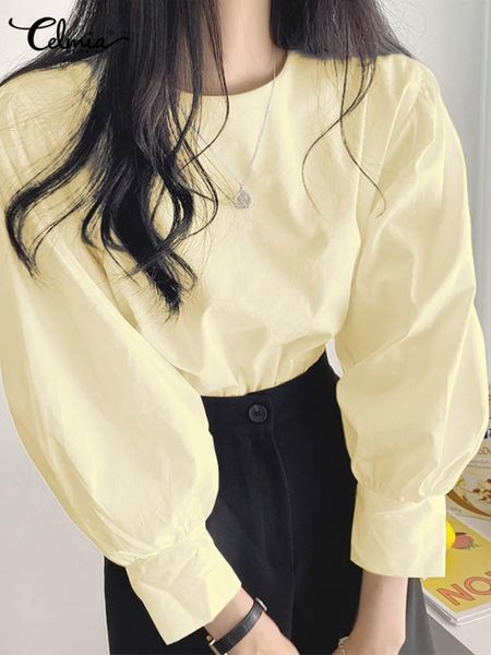 

t-shirt celmia women puff sleeve round neck blouses elegant allmatch casual loose tunic korean style fashion solid color shirts, White