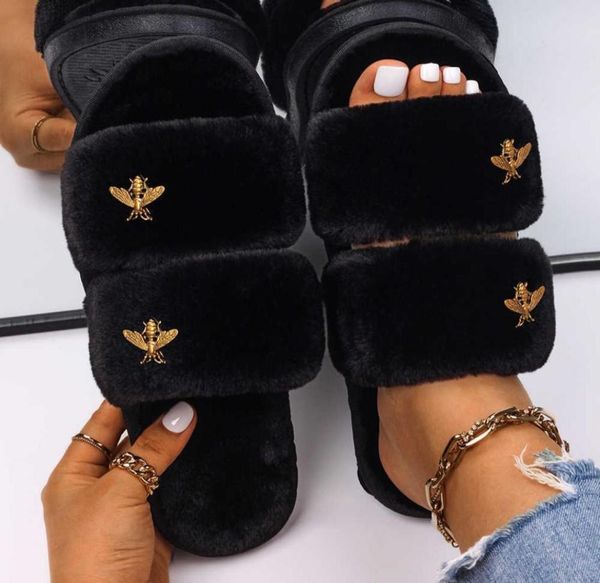 

slippers 2022 fluffy slippers women faux fur slides indoor slippers female flip flops plush sandals flat open toe luxury designer 7833403, Black