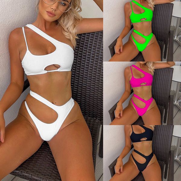 

women's swimwear women swimsuit 2023 solid hollow out one shoulder thong bikinis set 230420, White;black