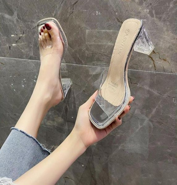 

slippers square heel casual shoes woman 2021 low transparent pantofle heeled mules glitter slides block luxury summer h5751731, Black