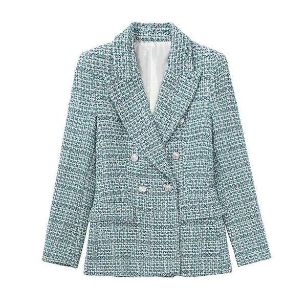 

pants xitimeao women fashion tweed double breasted blazer coat vintage long sleeve flap pockets female outerwear chic veste femme, White