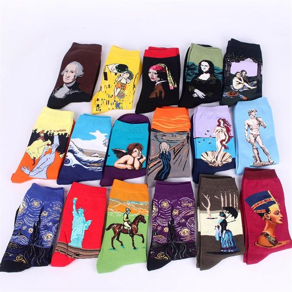 

momoleaf famous painting print cotton socks for man mona lisa starry night funny novelty sock comfortable breathable christmas new301c, Black