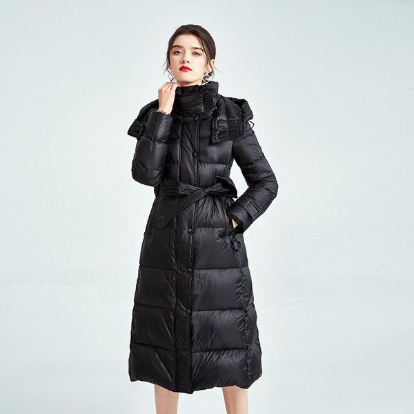 

parkas european station 2021 winter new european thickened white duck down over the knee long belt down jacket for women, Black