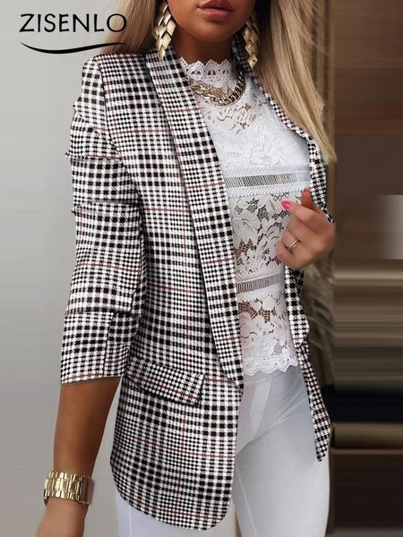 

pants autumn women's long sleeve small suit new tie dyeing temperament professional slim fitting blazers plaid blazer jacket women, White