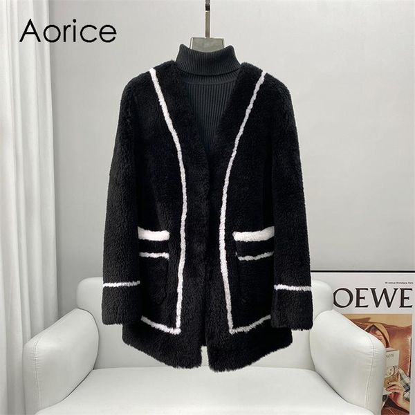 

fur aorice women real wool fur coat suit parka new winter warm female sheep shearing jackets over size overcoats ct220, Black