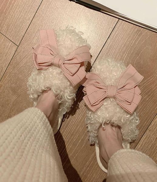 

women faux wool fur slippers at home indoor women winter slippers cute bow white fluffy slippers for girls bedroom sleeper shoes h1073896, Black
