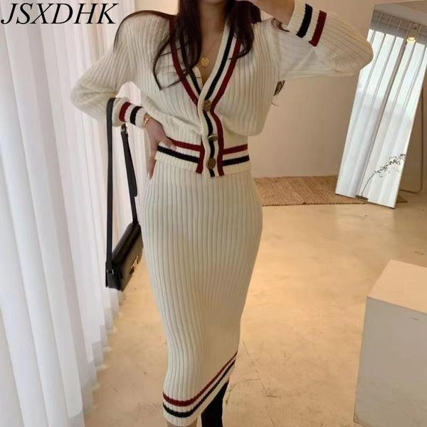 

dress jsxdhk korean chic autumn winter v neck hit color striped knitted cardigan sweater coat + high waist bodycon midi skirts suit, White