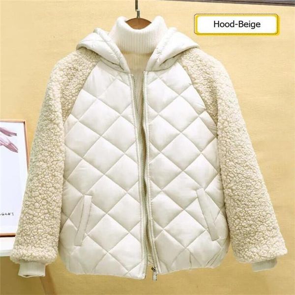 

leather winter women's lamb coat casual hooded zipper outwear ladies pocket loose diamond grid cashmere women jacket lambswool coats, Black