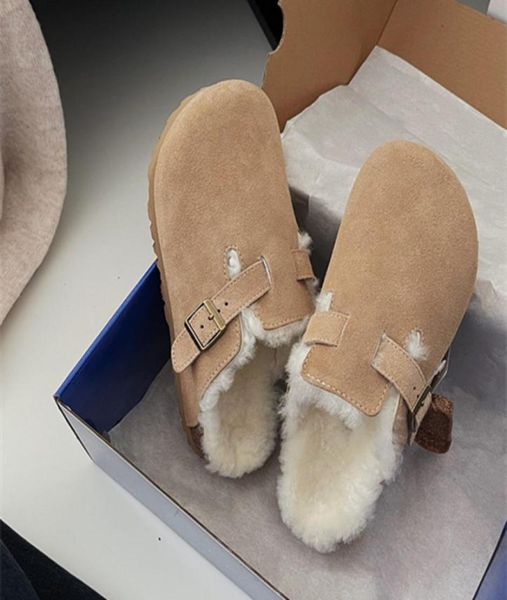 

women girl039s boston slippers wool fur lined slides bag head pull cork designer sandal seude shearling mules lazy shoes scuffs1111789, Black