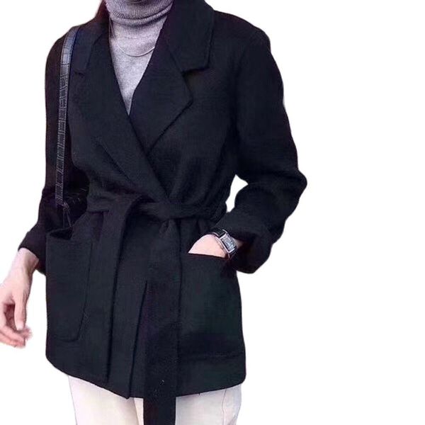 

fur 2022 new doublesided cashmere wool coat with belt for spring winter office lady v neck loose suit cloak turn down collar brand, Black