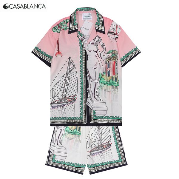 

mens shorts casablanca shirt designer shirt masao san printed men casual shirt loose silk shirt short sleeved luxury t shirt tshirt set beac, White;black