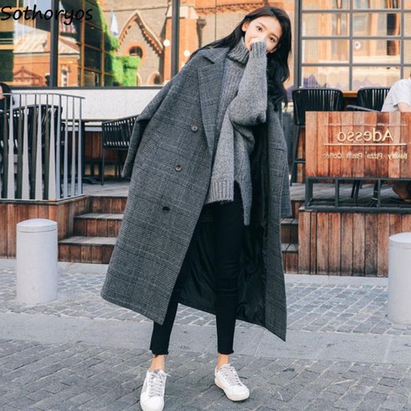 

fur women wool blends plaid simple long overcoats double breasted loose tender vintage chic woolen coats female notched thick warm, Black