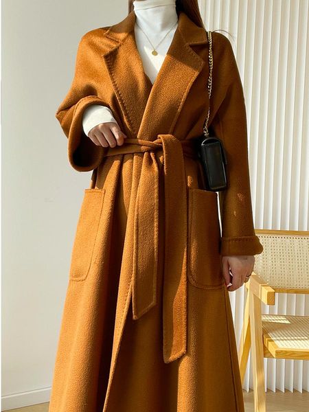 

fur 2022 winter water ripple cashmere coat women's bathrobe midlength woolen coat labbro 100% doublesided cashmere coat women, Black