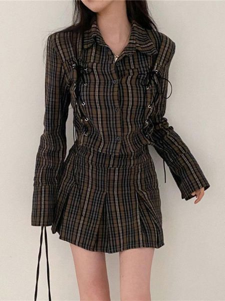 

dress qweek y2k two peice set women green plaid mini skirts bandage long sleeve checked button up shirts vintage street pleated skirt, White