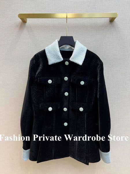 

fur new fashion vintage autumn winter corduroy tweed skirt style coat women patchwork lapel double breasted sweet long jacket, Black