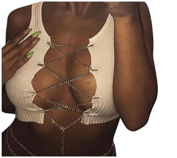 

red black white metal chain sleeveless crop clubwear women adjustable lace up hollow out tank tees camisole2093935, White;black