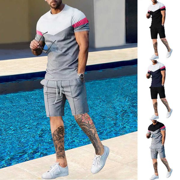 

summer short contrast sleeve shorts two piece sports casual men's set, Black