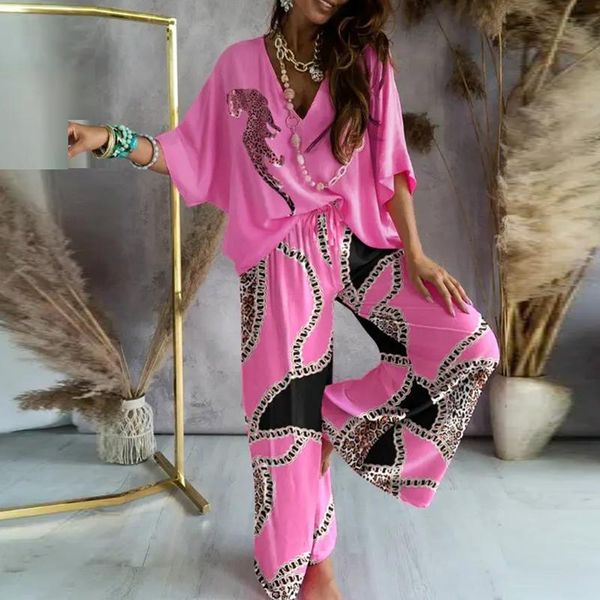 

pants fashion print loose outfits vneck batwing sleeve pullover tieup long pant suit elegant batwing sleeve straight 2pc sets, White