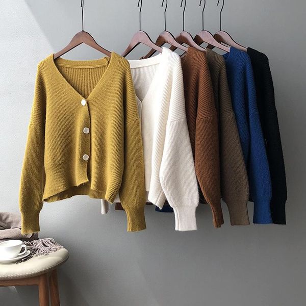 

sweaters bornladies casual vneck knitted loose cardigan women buttons lantern sleeve sweaters female basic white autumn winter, White;black