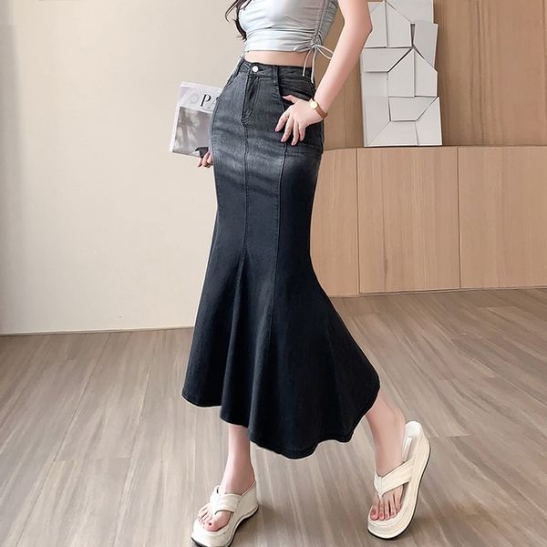 

skirts spring summer jean long for women denim mermaid ladies slim back slit high waist midi tight streetwear 230420, Black