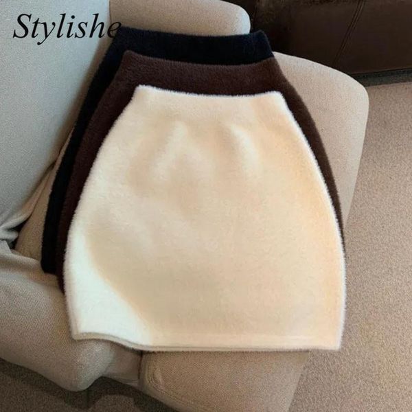 

dresses faux fur skirt white winter korean style high waist bodycon mini skirt cute solid knitted short skirt women autumn 2022 chic, White;black