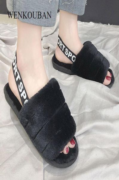 

women furry winter home indoor shoes warm plush slippers femme flip flops fur slides zapatos mujer 2020 y2004248082201, Black