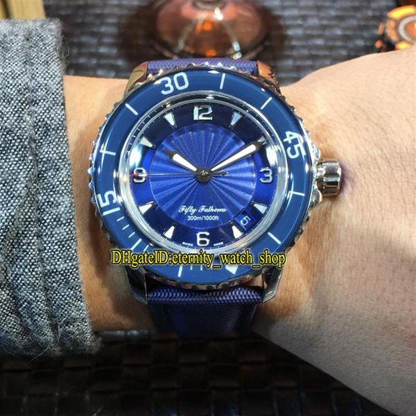 

mm factory new fifty fathoms 5015d-1140-52b blue geneva dial japan miyota automatic mens watch silvery case nylon fiber leather ba294e, Slivery;brown