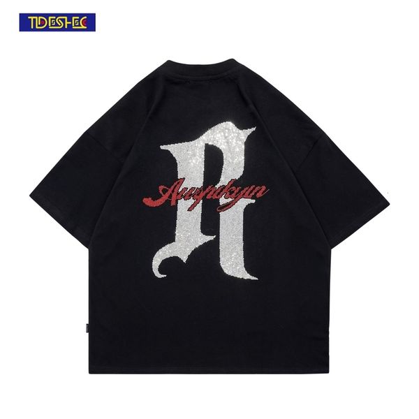 

men s t shirts streetwear spring summer t shirt cotton oversized fashion letter diamond jewelry men couple tee 230420, White;black