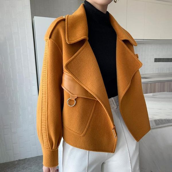 

raincoats women's autumn coat pockets fashion solid loose short jackets ladies wool blends high street spring woolen coats for women, Black