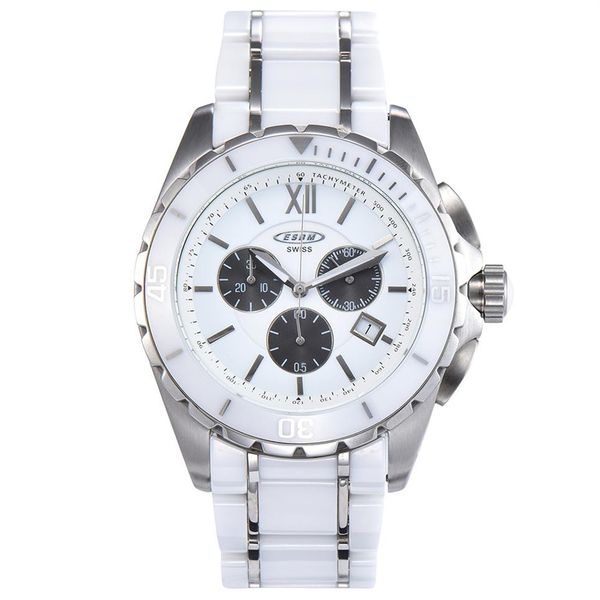 

new men quartz watch white ceramic two-tone stainless steel back dial silver hands chronograph2191, Slivery;brown
