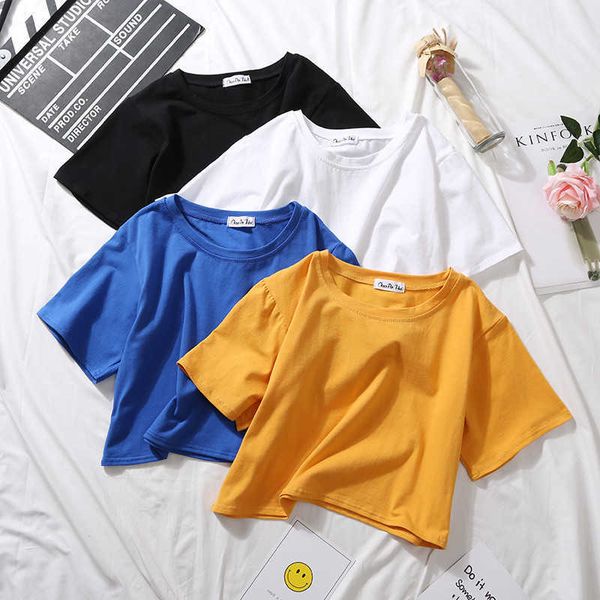

women's t-shirt 2022 summer short sleeve t shirts women cotton solid tshirt o neck high waist crop tee female casual loose t shirt z041, White
