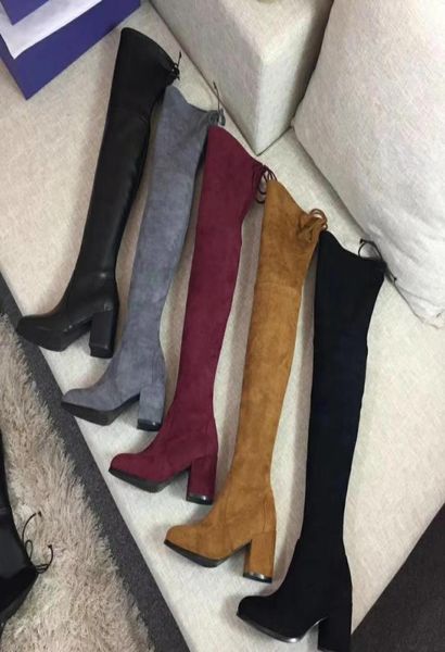 

5050 boot loong winter knee high heel boots autumnelastic velvet straps thick heel 65cm high barrel thin legs flat bottom female 1217120, Black