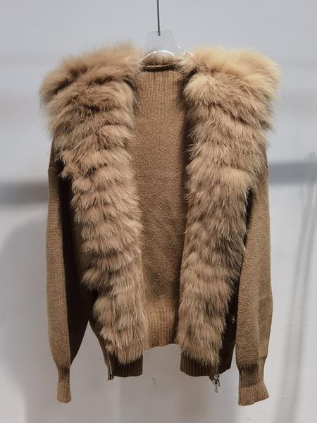 

fur 2022 new arrival women real fox fur knitting oversize loose spring fox fur collar lady's fashion autumn zipper sweater coat, Black