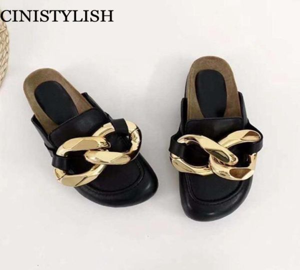 

brand design women slipper fashion big gold chain sandals shoes round toe slip on mules flat heel casual slides flip flops 2021 y13945424, Black
