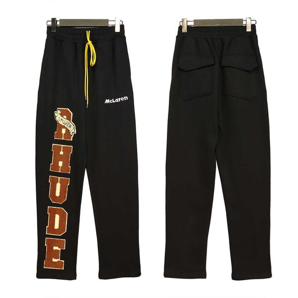 

designer clothing pant rhude new men's fashion loose letter sticker embroidered straight tube pants pure cotton slim fit trend streetwe, Black