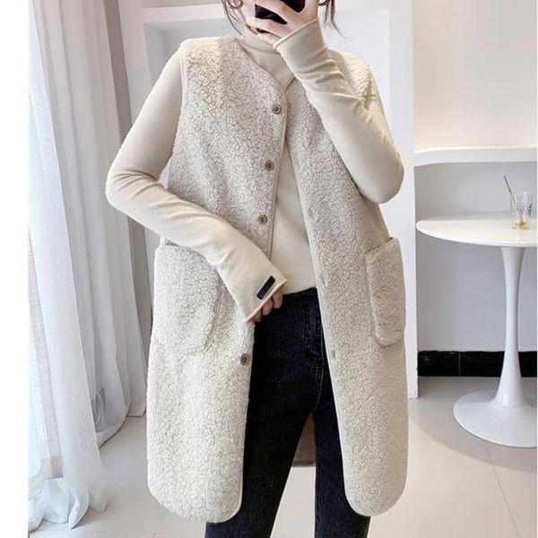 

vests 2021 winter long vest jackets lamb wool thicken waistcoat women button up single breasted pocket outwear sleeveless coat garment, Black;white