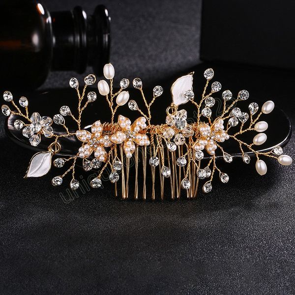 

wedding hair accessories flower hair clips for women fashion crystal bride headdress hairpin faux pearl hair combs girls jewelry, Slivery;golden