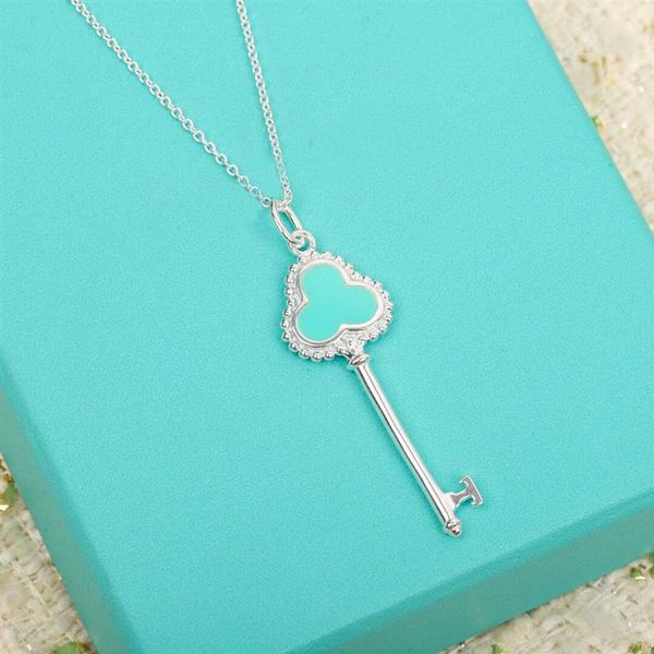 

s925 silver charm key shape pendant necklace with green color in platinum have stamp velet bag ps4330a293e