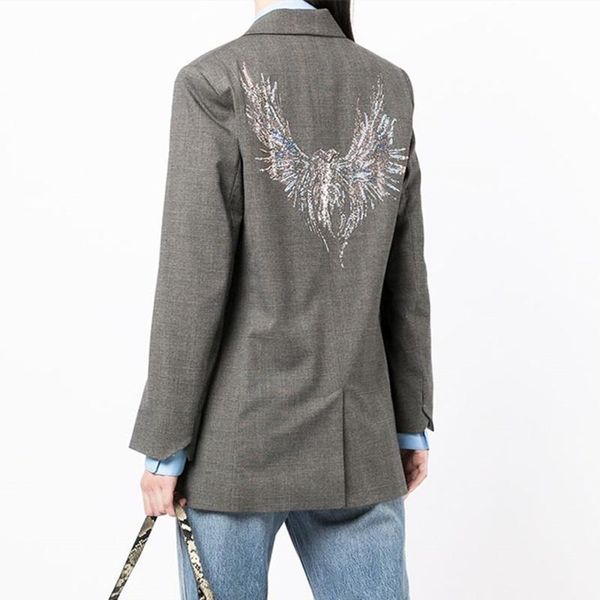 

pants women back phoenix wings diamond suit coat slit straight single breasted cardigan long sleeve blazer for office lady, White