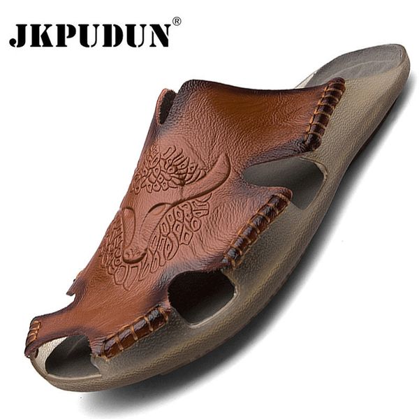 

sandals summer genuine leather mens classic breathable slipon men casual beach shoes outdoor slippers plus size 3848 230419, Black