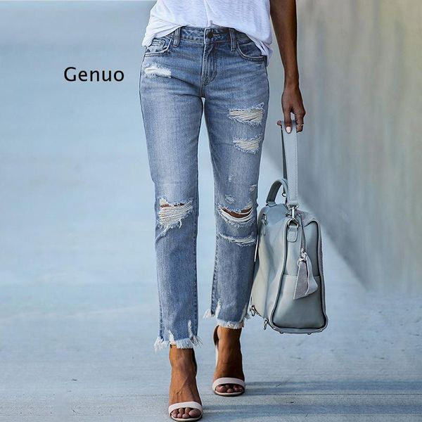 

jeans 2022 new pencil pants ripped slim fit high waist vintage streetwear casual fashion stretch blue jeans woman