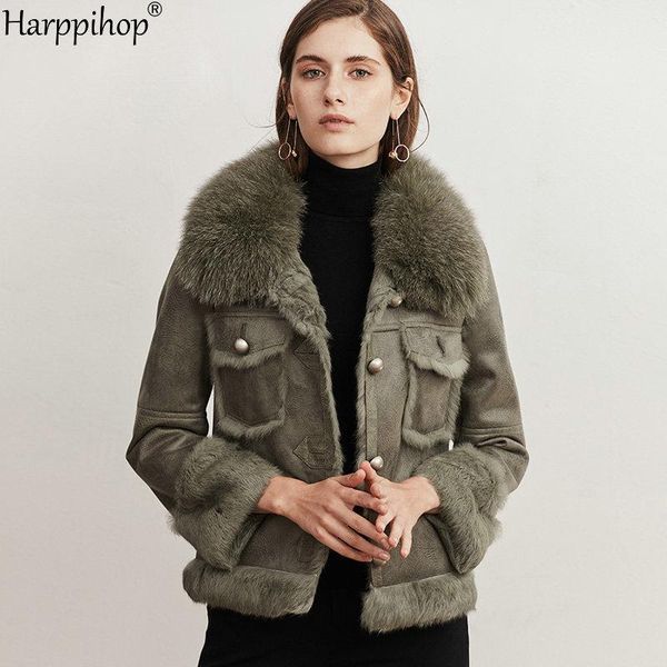 

fur 2020 new short style longsleeved rabbit leather with fur coat female lapel fox fur leather coat female, Black