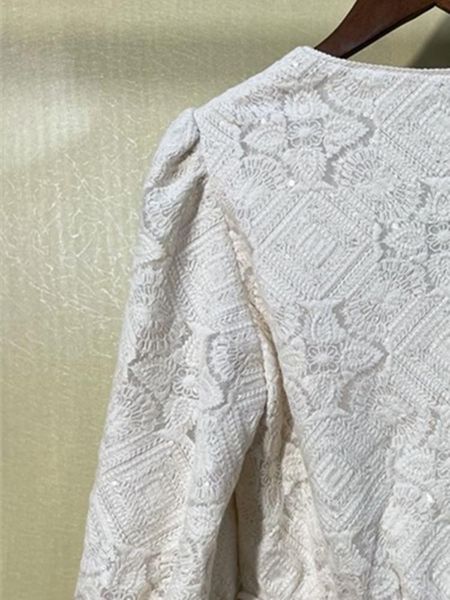 

dress 2022 new women sequined crochet lace blouses or shorts set lady lantern sleeve elegant waist laceup shirts short pants, White