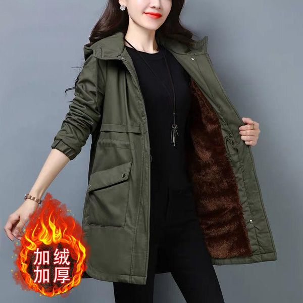 

leather 2022 new middleaged mothers winter jacket women cotton padded jacket velvet thickened midlong parkas hooded coat women, Black