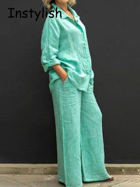 

pants women's cotton linen suit 2022 autumn winter long sleeve turn down collar button shirt and high waist wide leg pants 2 piece set, White