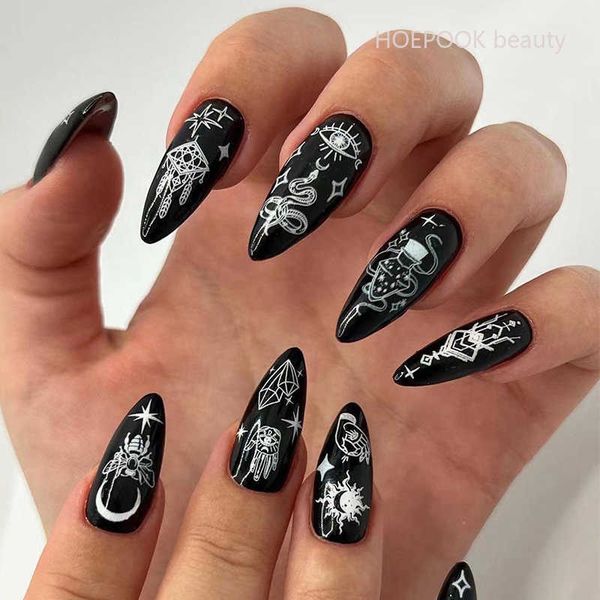 

false nails 24pcs black star moon snake acrylic removable fake nails full cover artificial false nails reusable press on nail set decoration, Red;gold